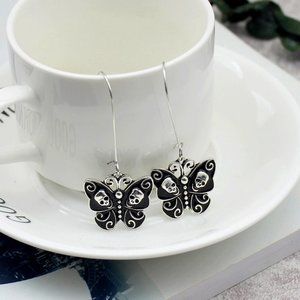 Earrings Butterfly with Skulls Long Hooks Silver
